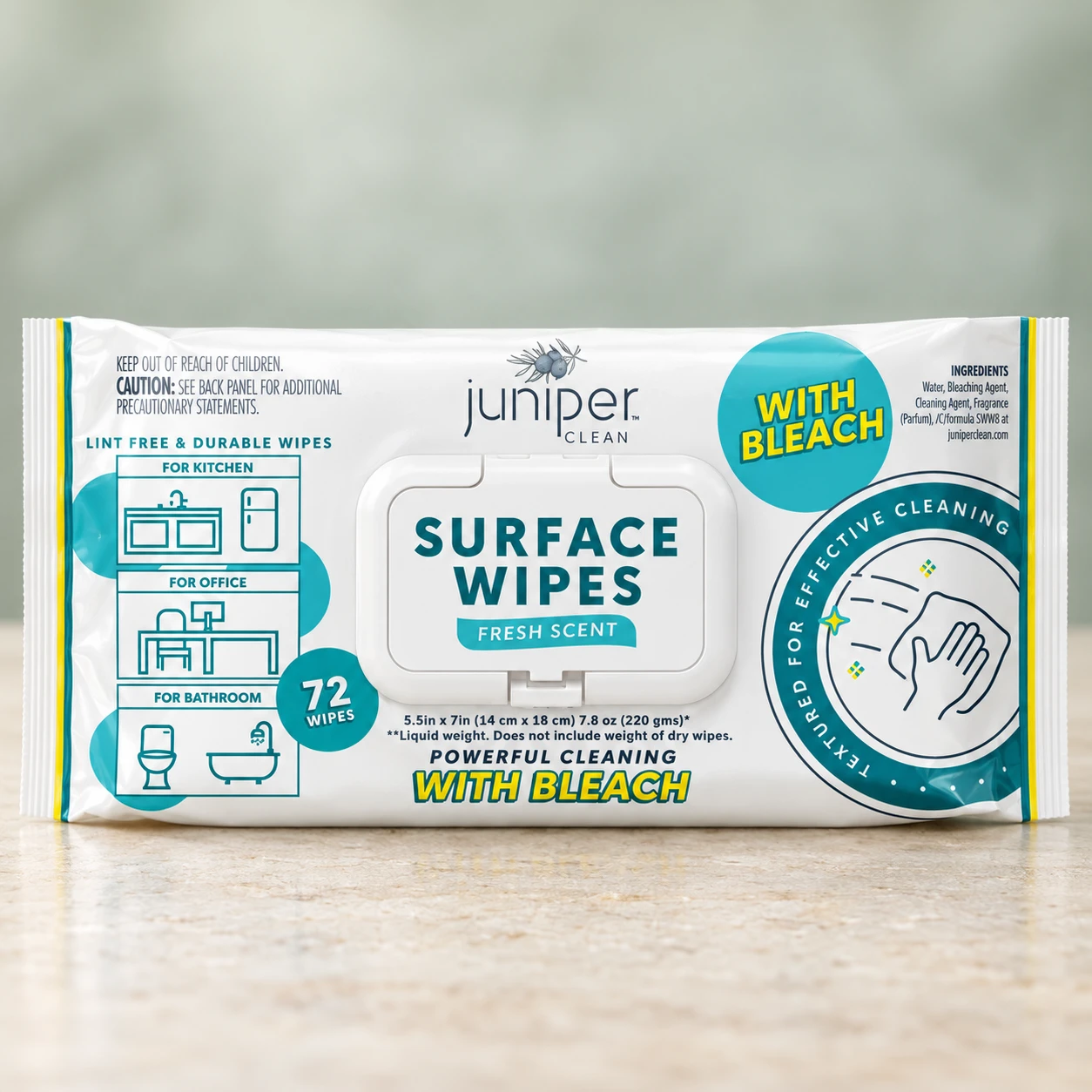 Juniper Surface Sanitizing Wet Wipes with Bleach 72 CT