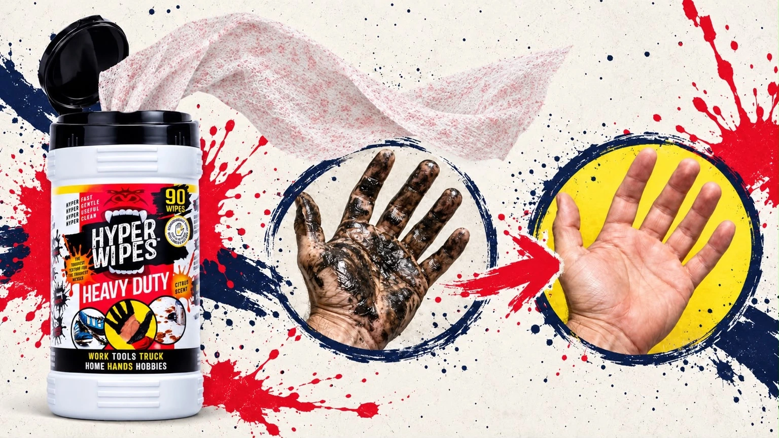 Hyper Wipes 90-count canister and brand illustration of dirty and clean hands