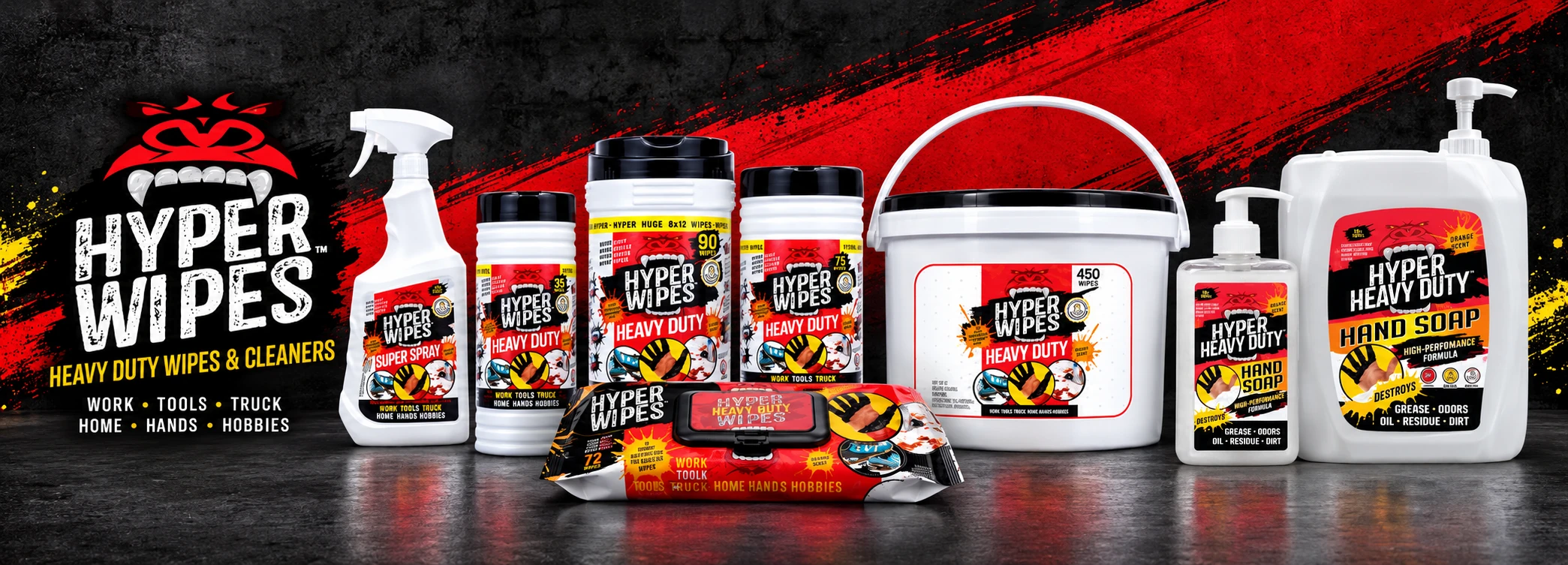 Hyper Wipes family with heavy duty wipe canisters, flowpack, bucket, spray and hand soap pump bottles