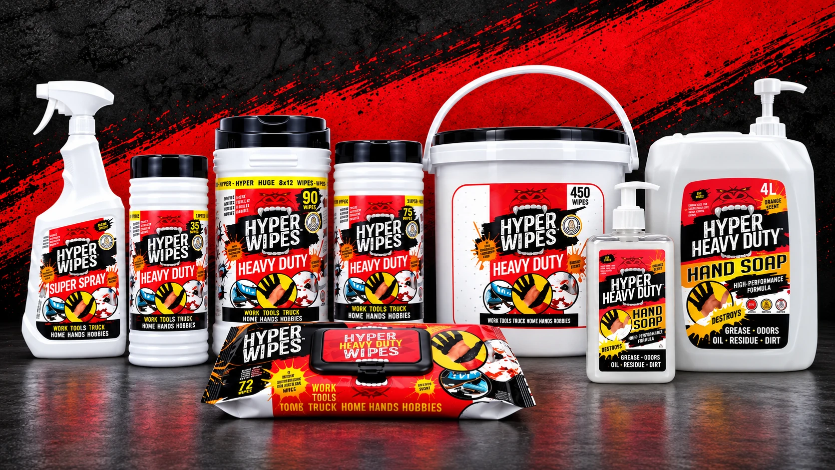 Hyper Wipes heavy duty product family with spray, wipe canisters, flowpack, bucket and 500 ml and 4 litre hand soap bottles