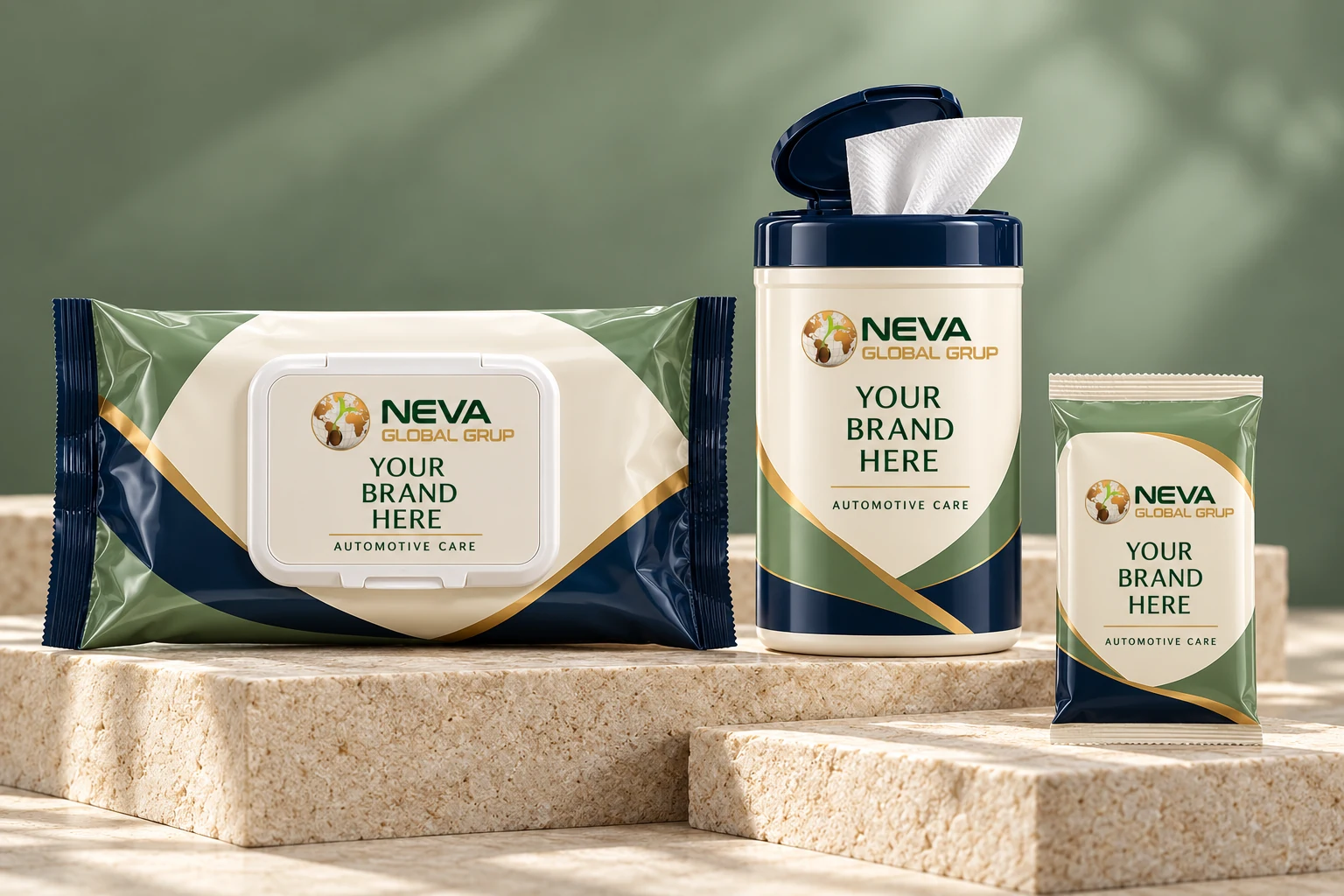 Automotive cleaning wipes in resealable flowpack, canister and travel pack formats — Neva Global private label packaging concepts with Your Brand Here labels