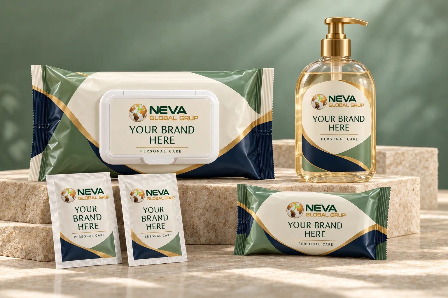 Personal care wipes, pocket packs, single wipe sachets and liquid soap — Neva Global private label packaging concepts with Your Brand Here labels