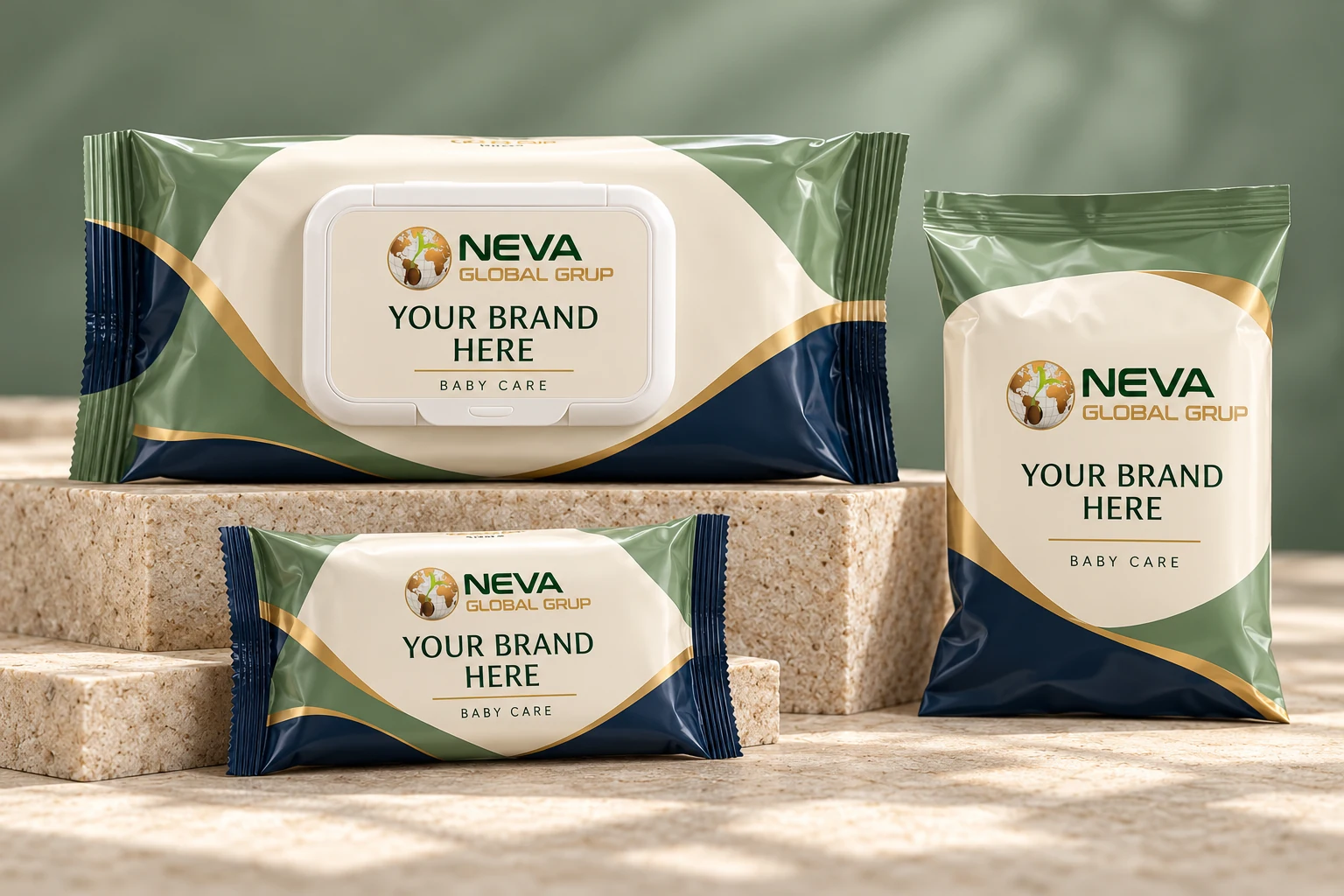 Baby wipes in large flowpack, travel pack and refill formats — Neva Global private label packaging concepts with Your Brand Here labels