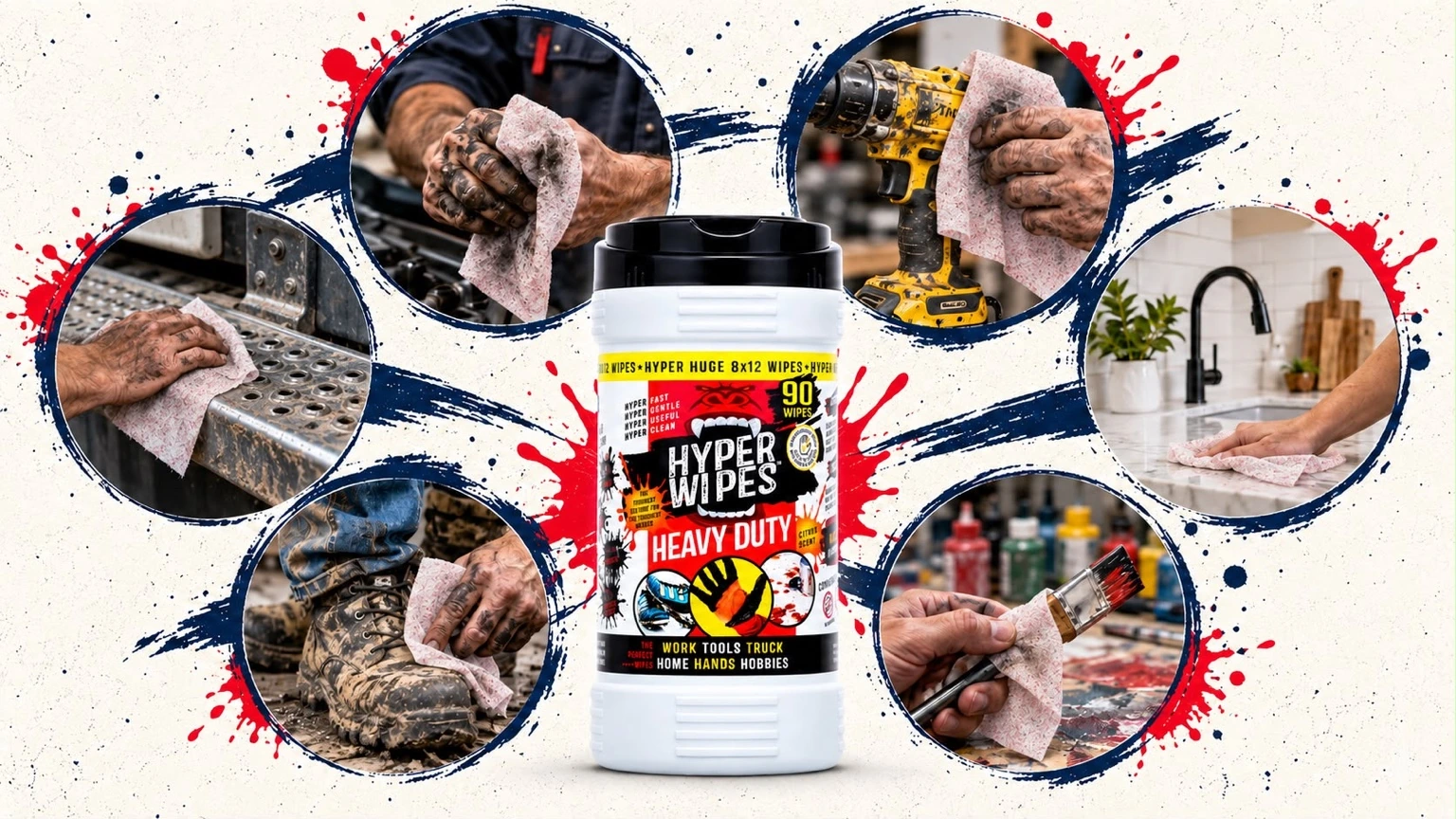 Hyper Wipes 90-count canister with illustrated hand, tool, footwear and surface cleaning applications