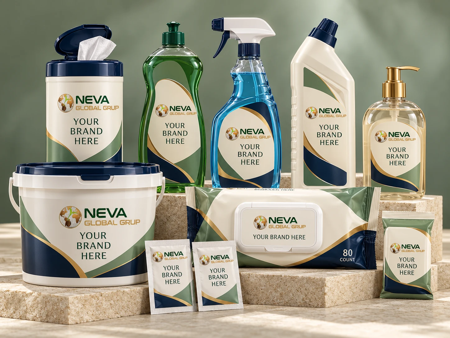 Neva Global private label packaging concepts with wet wipes canister, bucket, flowpack, pocket wipes, single sachets and liquid products, each labelled Your Brand Here
