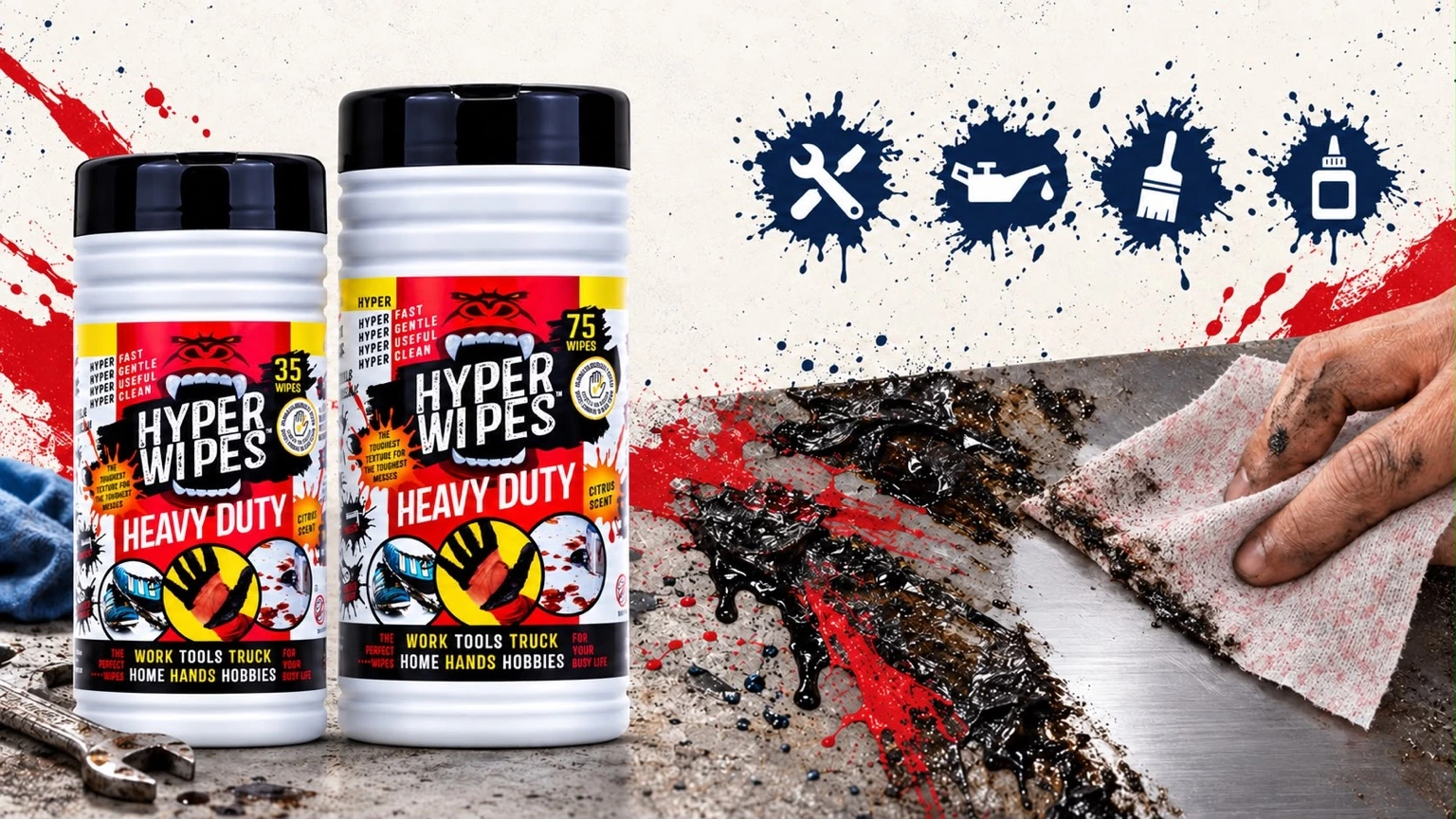 Hyper Wipes 35-count and 75-count canisters alongside a grease cleaning demonstration