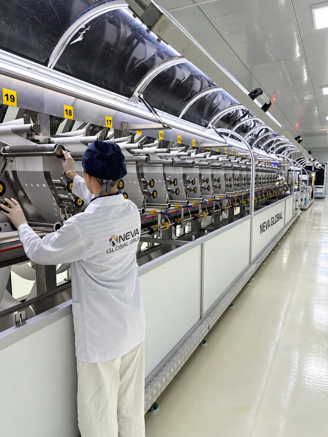 Neva Global operator working with nonwoven fabric on a wet wipes manufacturing line