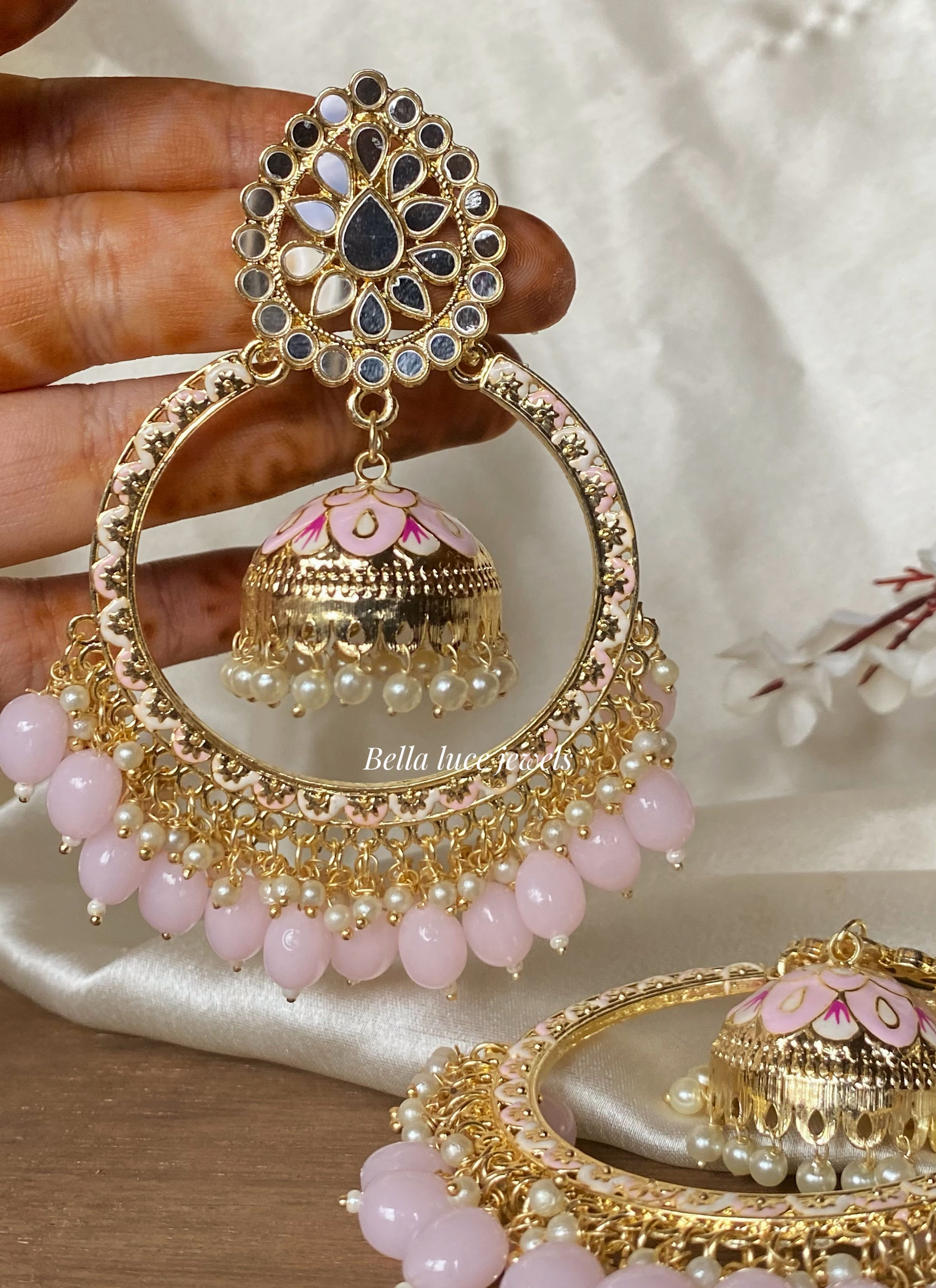Baby pink Soha Mirror and Meenakari Jhumka