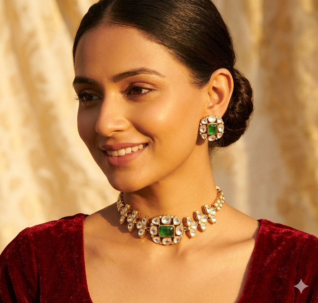 Chaaya Green Mossionite Kundan Necklace set