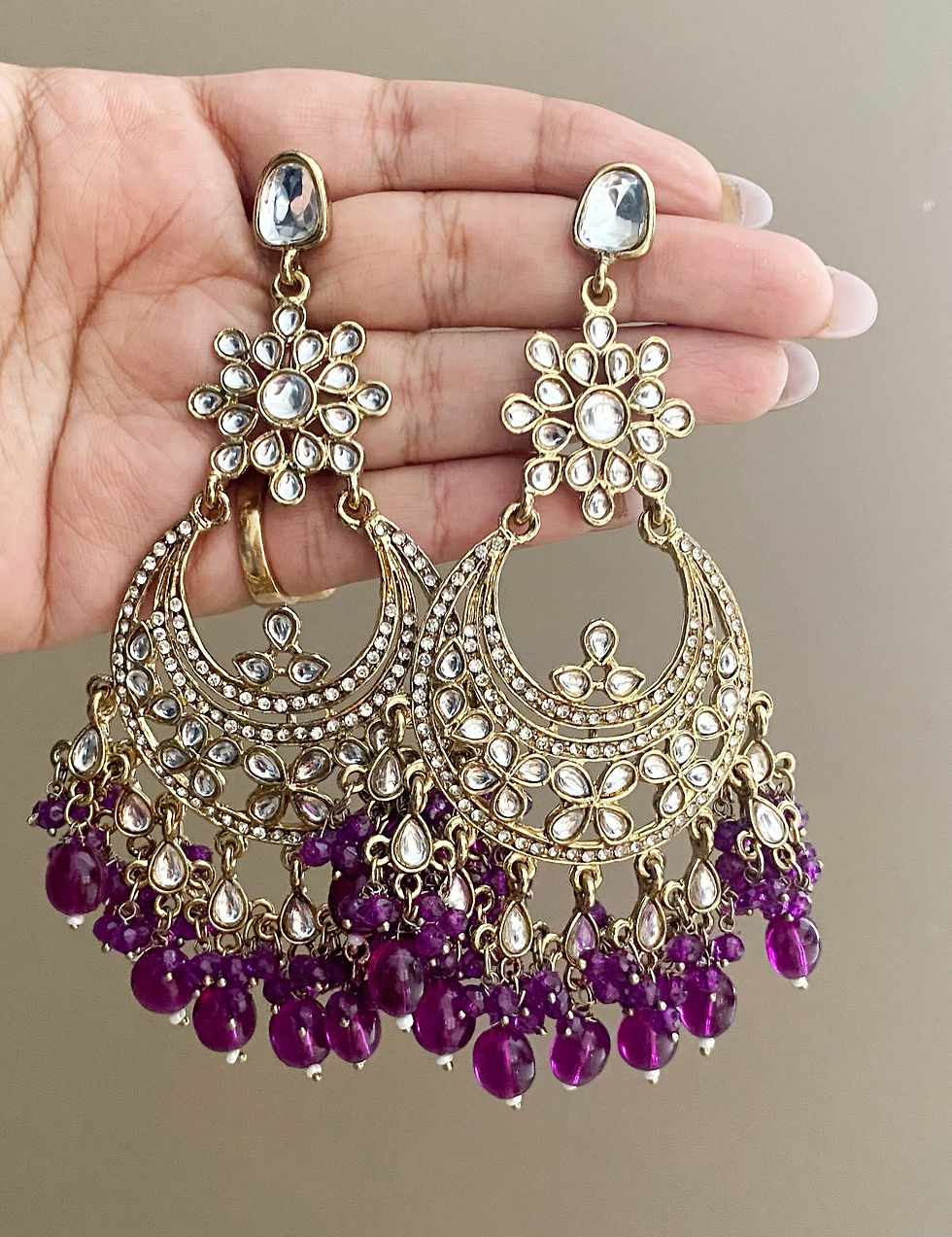 Thumbnail: Lara purple kundan chandbali earrings
