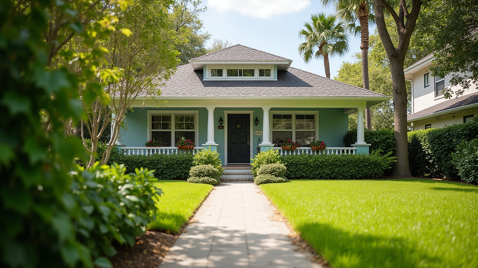 Eye-level view of a charming Tampa Bay home with a well-maintained garden