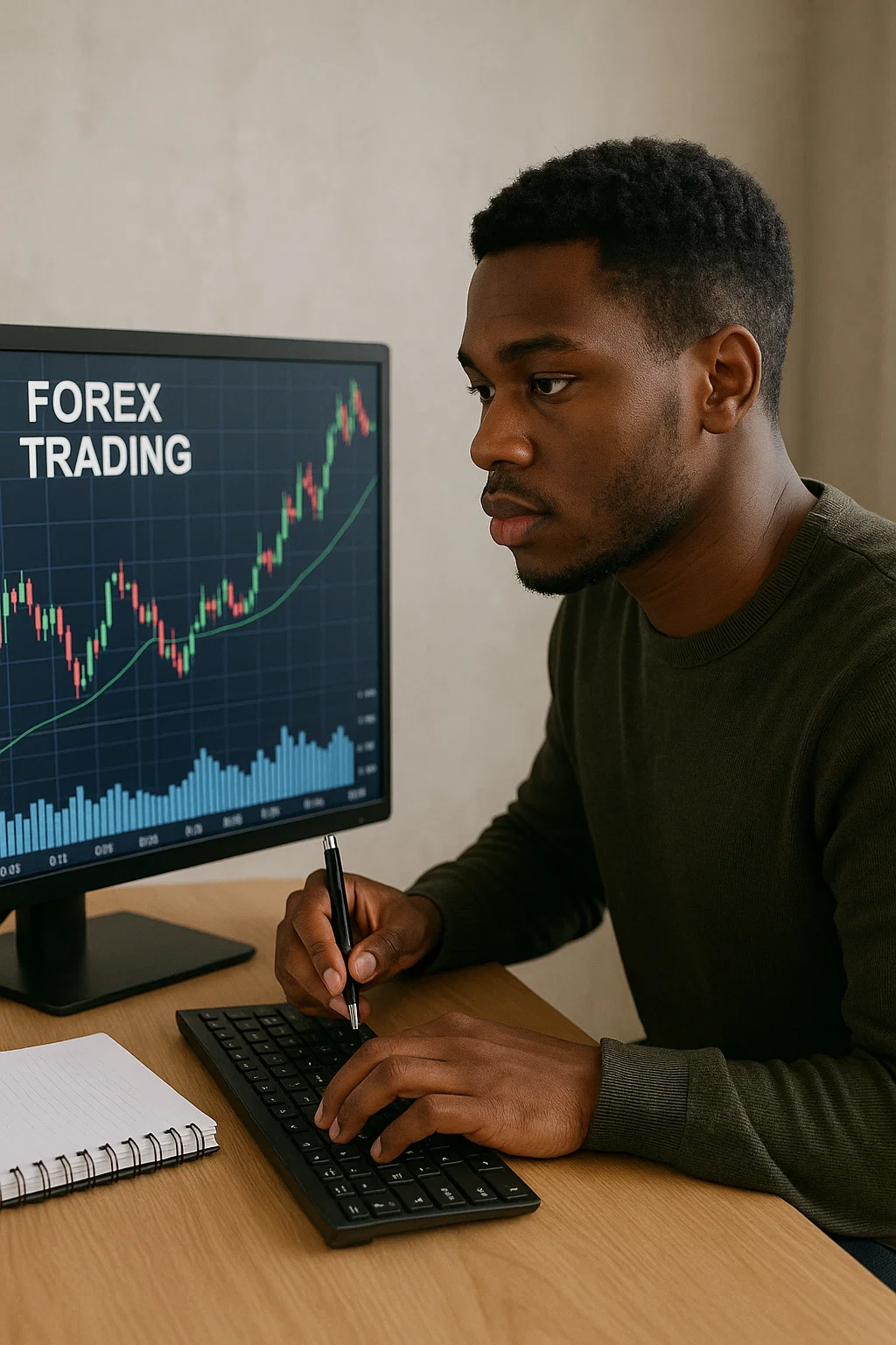 Yon jenn gason ap Trade sou yon ekran, nan FXKADASH Academy 2.0