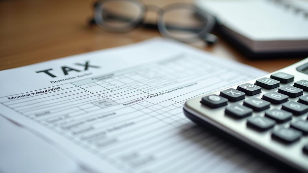 Close-up view of a tax form and calculator on a wooden desk