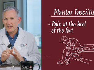Dr. Jason Lohr presenting a slide on Plantar Fasciitis, illustrating pain at the heel of the foot, for an episode of SAC Health Answers.