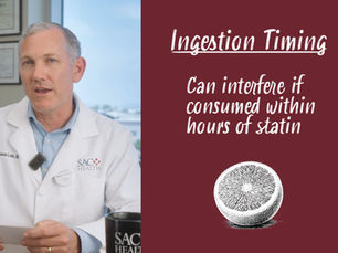 On the screen is Dr. Lohr as well as the graphic: Ingestion Timing Can interfere if consumed within hours of statin. A cut orange is pictured