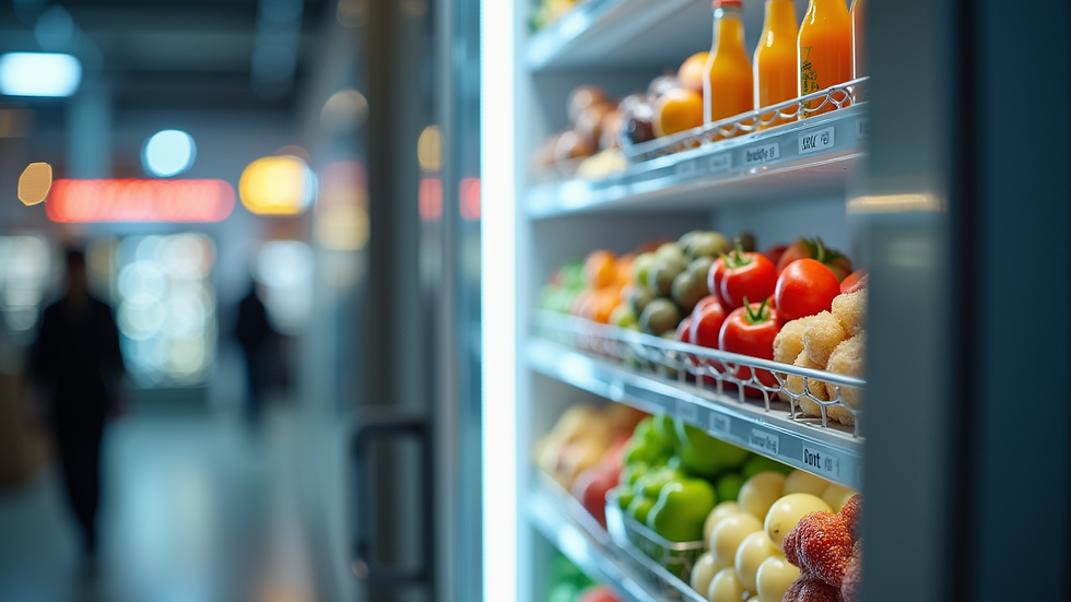 Close-up view of a smart cooler vending machine with fresh food items