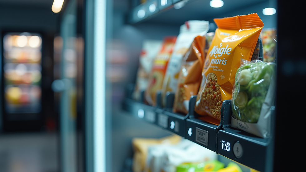 Eye-level view of a modern vending machine stocked with healthy snacks