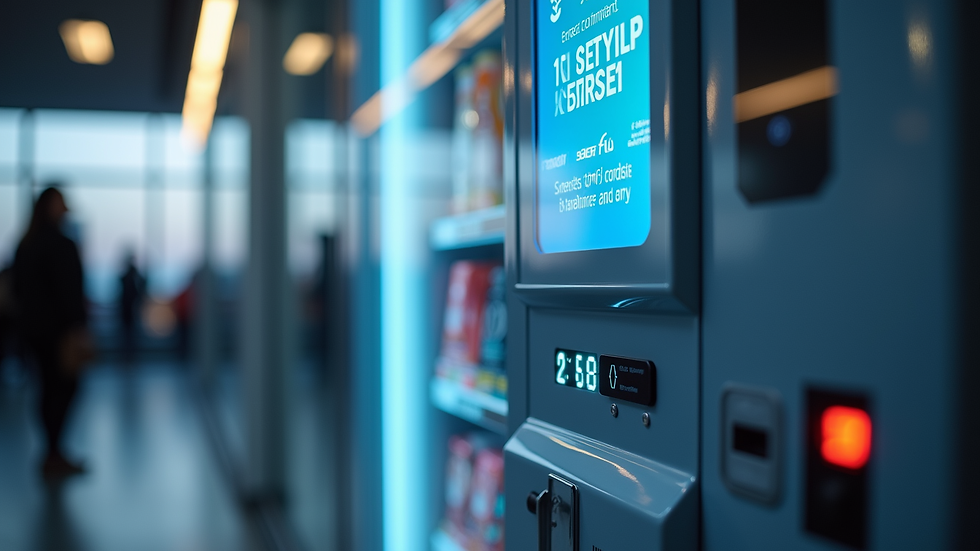 Close-up view of a smart cooler vending machine with digital interface