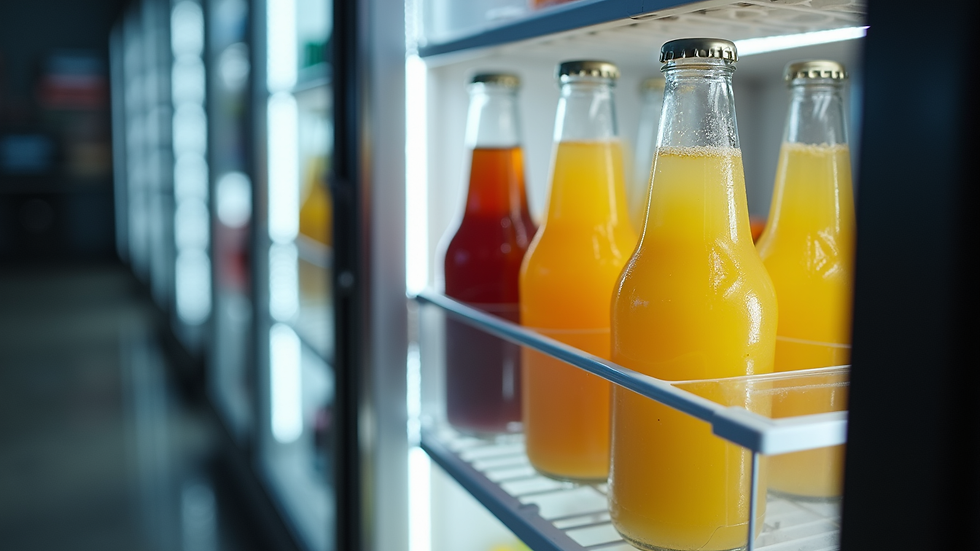 Close-up view of a smart cooler stocked with fresh beverages