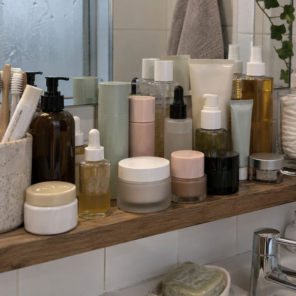 A crowded bathroom shelf of many different skincare bottles, illustrating the risk of layering too many acid products