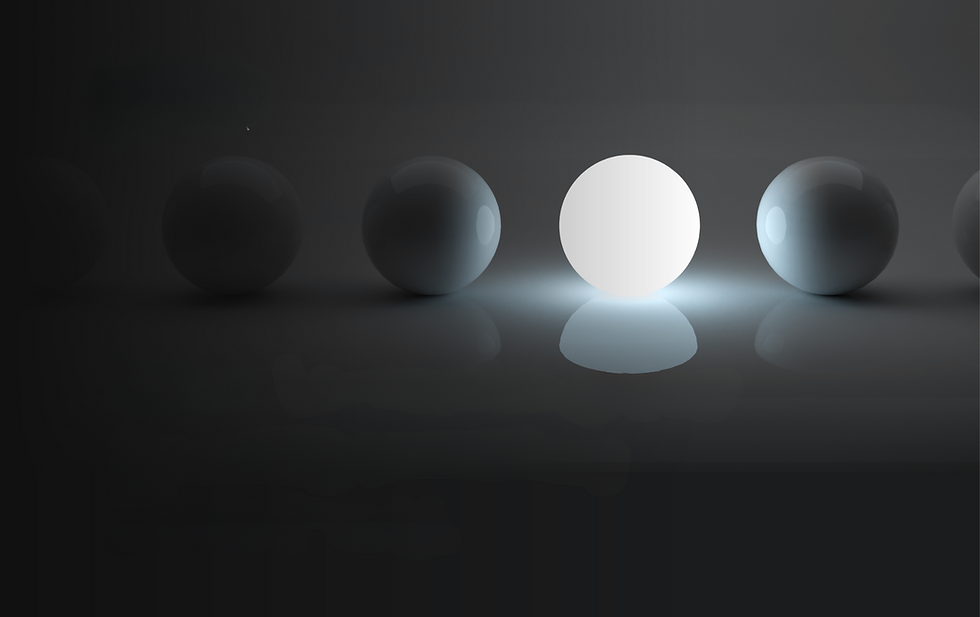 The image shows spheres in a dark room and only one of them has light
