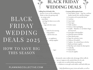 Minimalist graphic titled Black Friday Wedding Deals 2025 with text overlay reading ‘How to Save Big This Season’ and a list of wedding shopping categories in the background