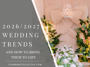 A modern wedding ceremony backdrop with oversized fabric bows, soft draping, pastel floral arrangements, and neon signage, alongside text promoting 2026/2027 wedding trends and how to bring them to life.