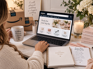 Bride shopping Amazon Prime Day wedding deals and wedding essentials online
