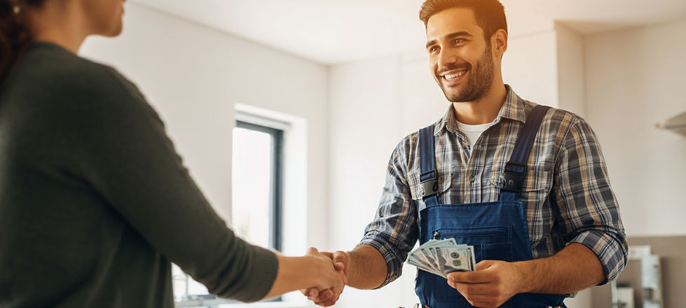 Proud contractor shaking hands with a client who paid cash for their home service work.