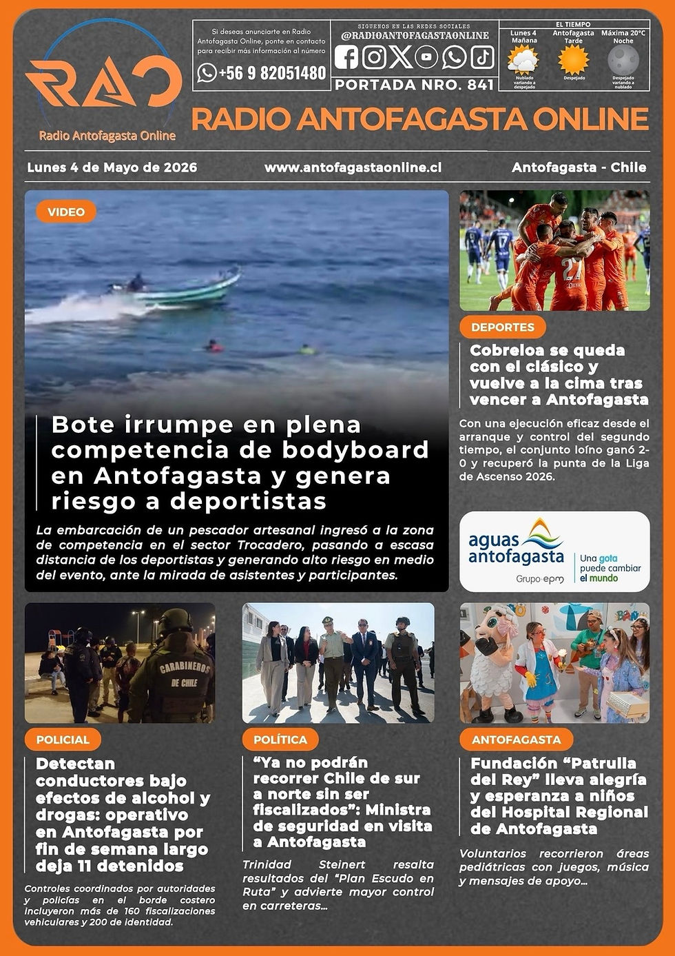 Portada N°841 de Radio Antofagasta Online para hoy lunes 4 de mayo de 2026