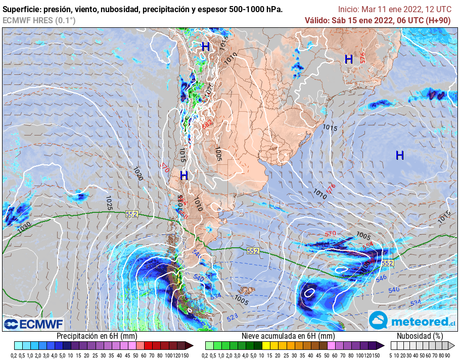 Modelo ECMWF muestra en azul las zonas afectadas por precipitaciones