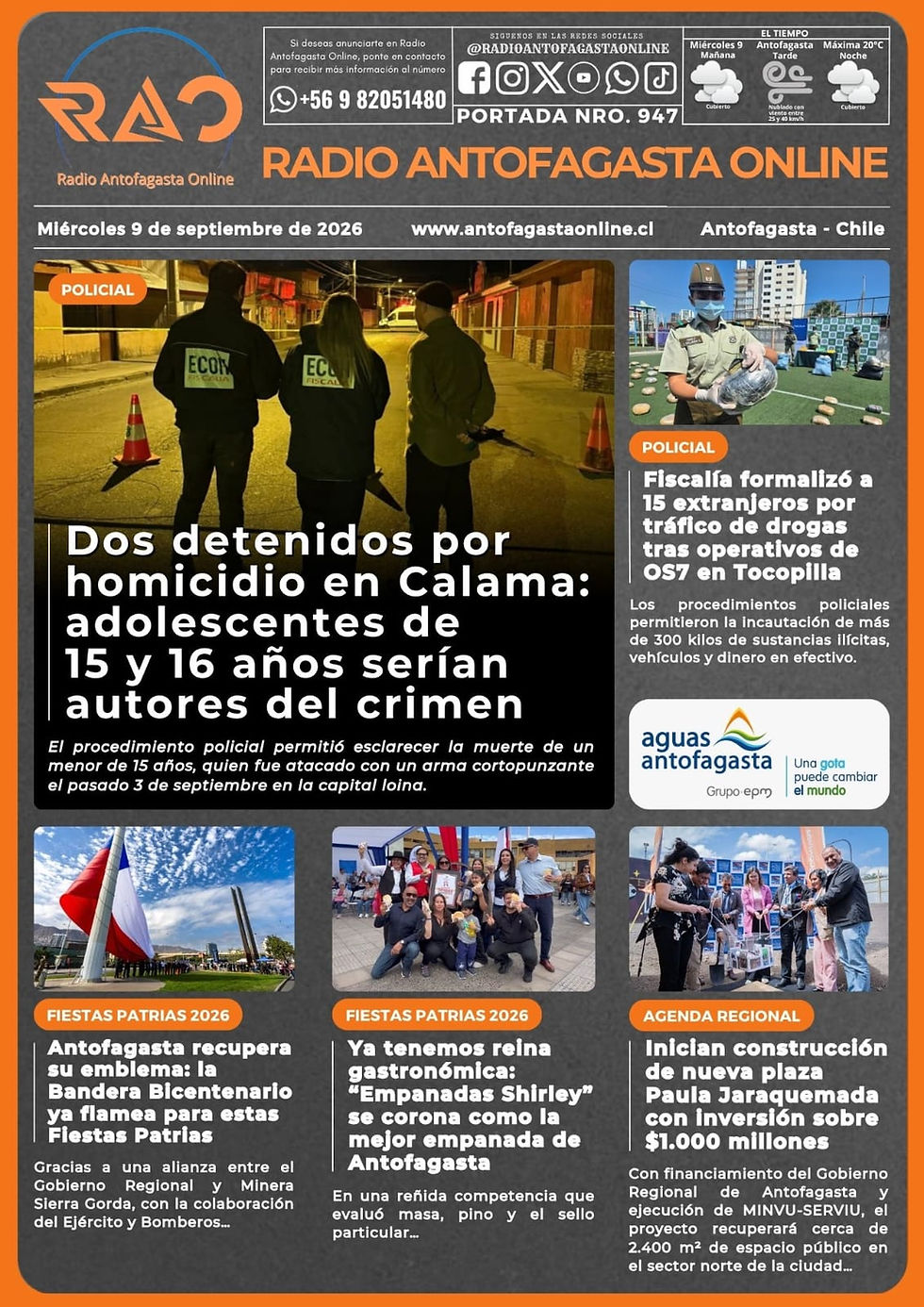 Portada N°947 de Radio Antofagasta Online para hoy miércoles 9 de septiembre de 2026