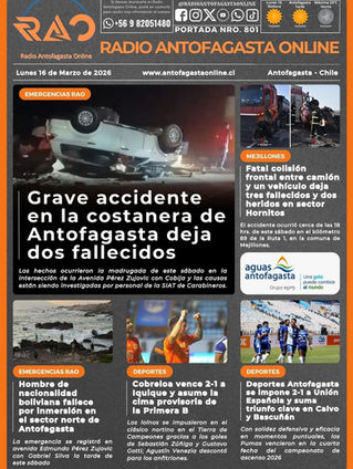 Portada N°801 de Radio Antofagasta Online para hoy lunes 16 de marzo de 2026