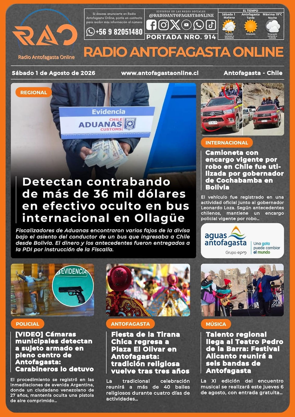 Portada N°914 de Radio Antofagasta Online para hoy sábado 1 de agosto de 2026