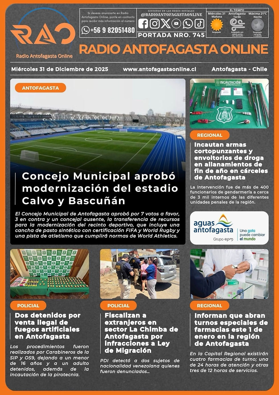 Portada N°745 de Radio Antofagasta Online para hoy miércoles 31 de diciembre del 2025.