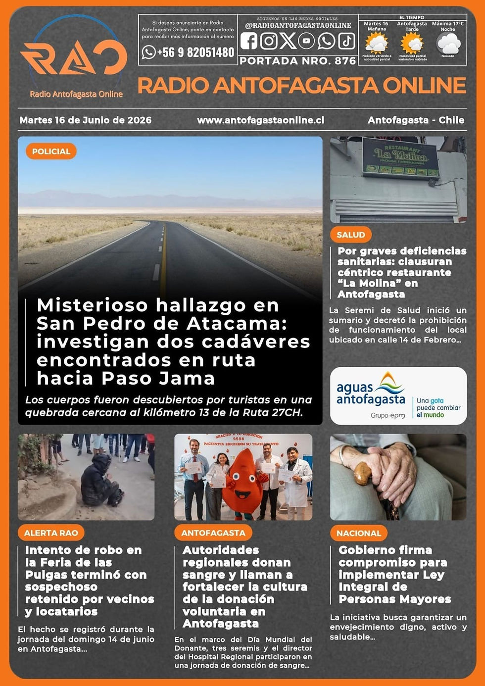 Portada N°876 de Radio Antofagasta Online para hoy martes 16 de junio de 2026
