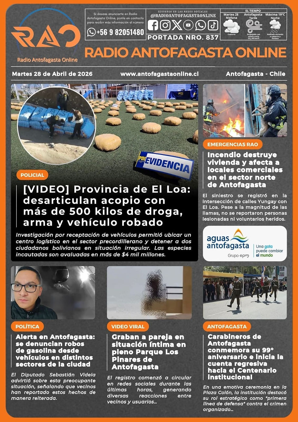 Portada N°837 de Radio Antofagasta Online para hoy martes 28 de abril de 2026