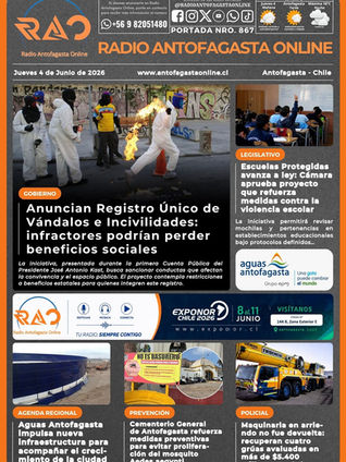Portada N°867 de Radio Antofagasta Online para hoy jueves 4 de junio de 2026