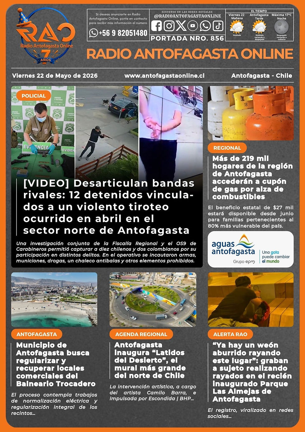 Portada N°855 de Radio Antofagasta Online para hoy viernes 22 de mayo de 2026