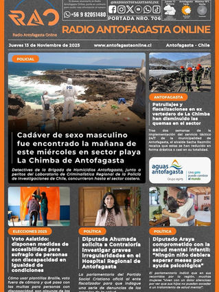Portada N°706 de Radio Antofagasta Online para hoy jueves 13 de noviembre del 2025.