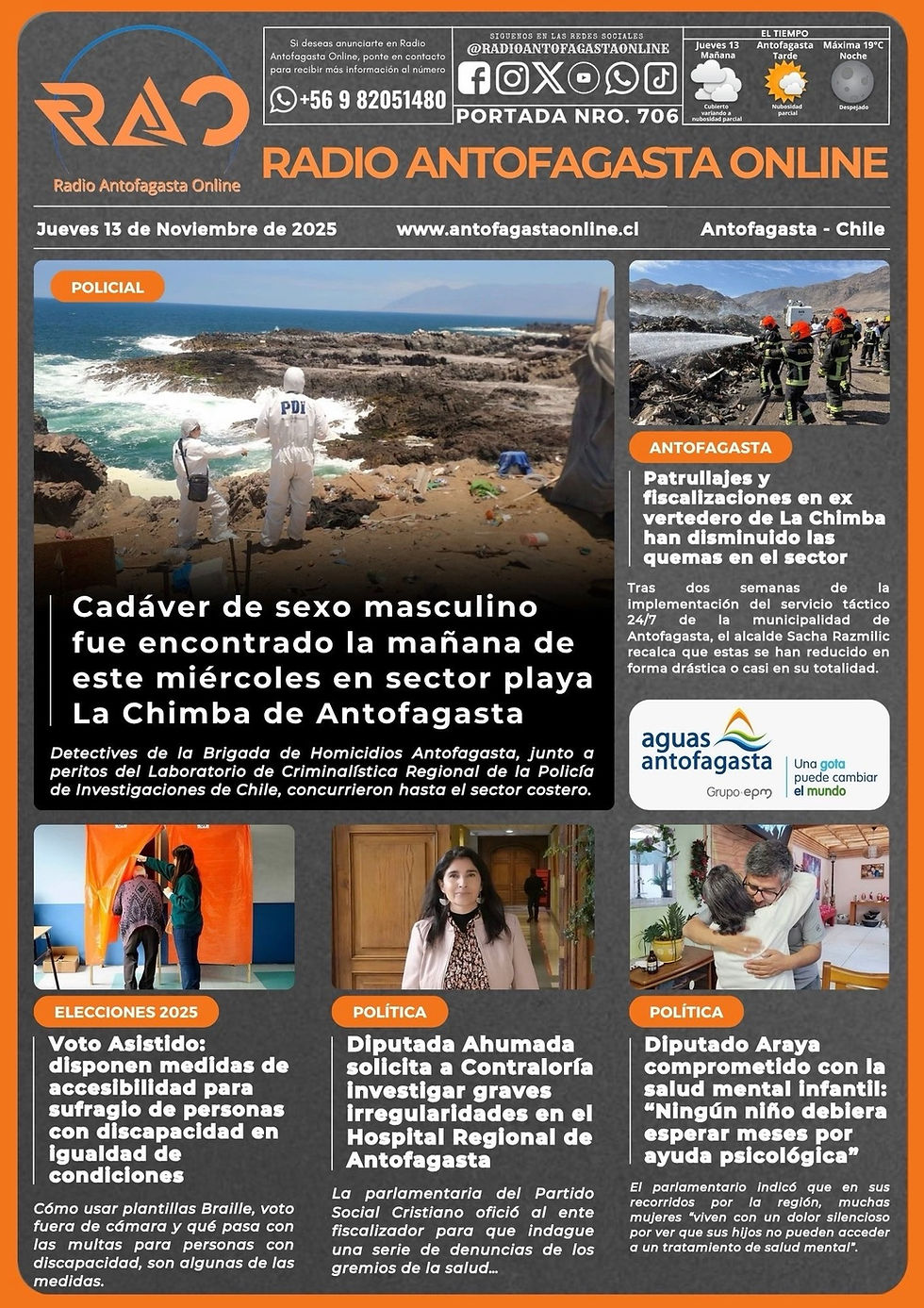 Portada N°706 de Radio Antofagasta Online para hoy jueves 13 de noviembre del 2025.