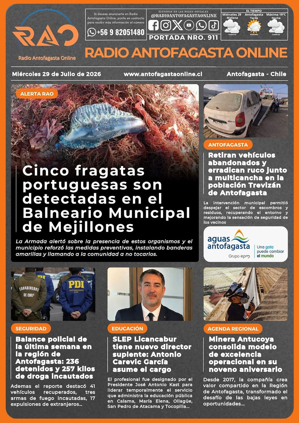 Portada N°911 de Radio Antofagasta Online para hoy miércoles 29 de julio de 2026