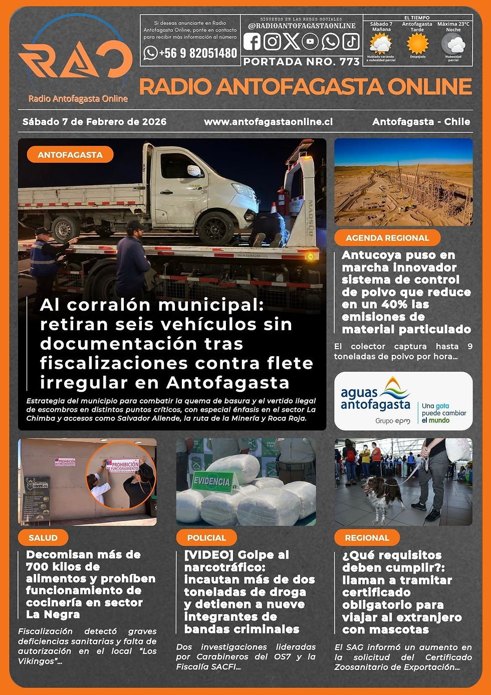 Portada N°773 de Radio Antofagasta Online para hoy sábado 7 de febrero del 2026
