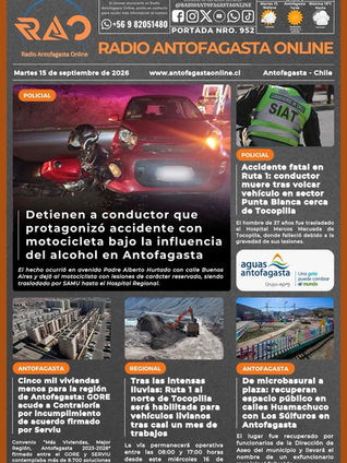 Portada N°952 de Radio Antofagasta Online para hoy martes 15 de septiembre de 2026