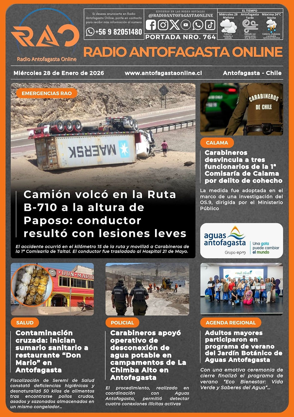 Portada N°764 de Radio Antofagasta Online para hoy miércoles 28 de enero del 2026