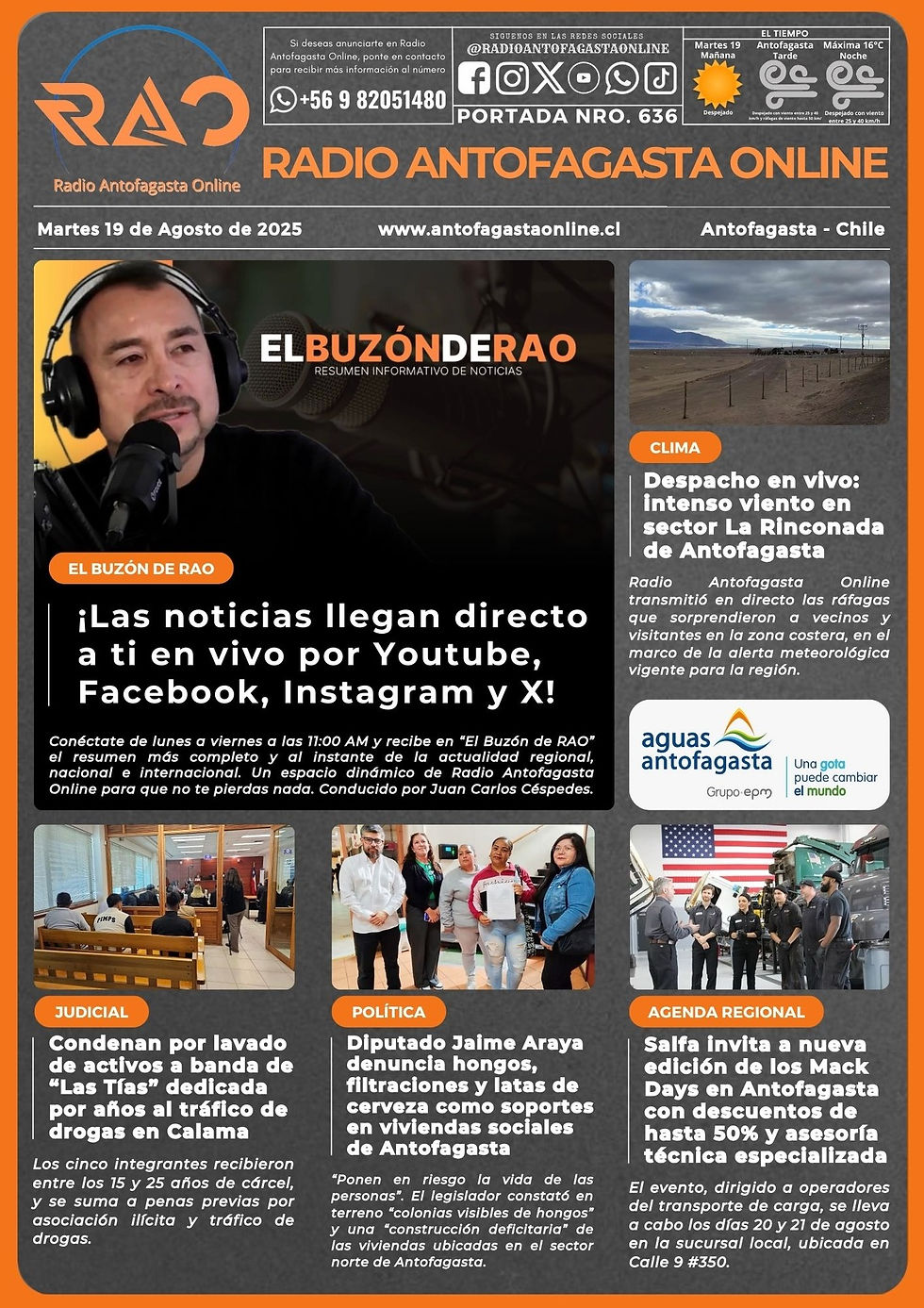Portada N°636 de Radio Antofagasta Online para hoy martes 19 de agosto del 2025.