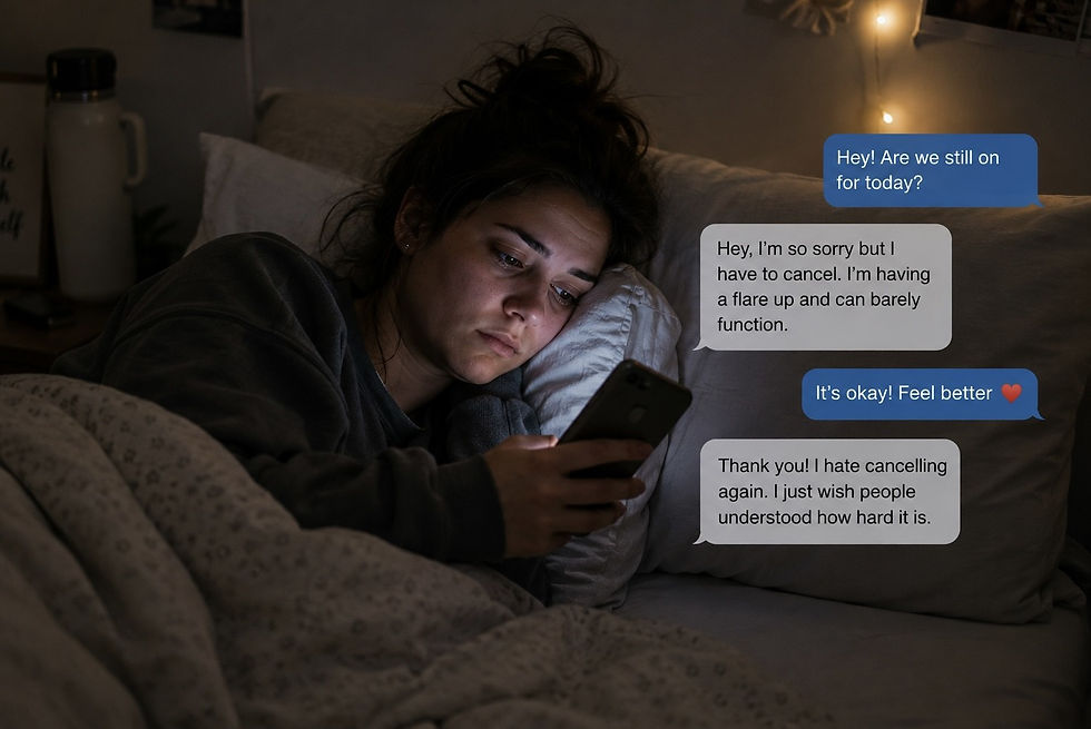 A person lying in bed at night looking emotionally exhausted while reading messages on their phone. The text conversation shows them apologizing for cancelling plans due to a chronic illness flare-up and expressing guilt about feeling misunderstood.