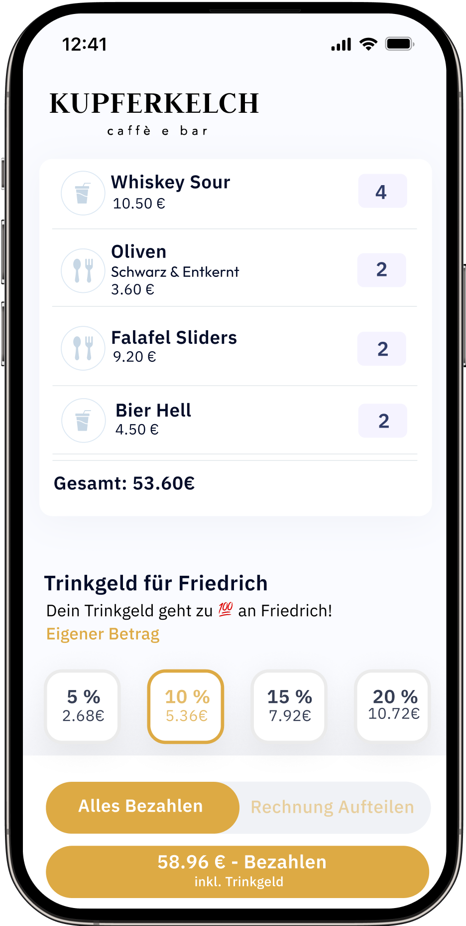 Iphone mit tapy UI für Bezahlung im Restaurant
