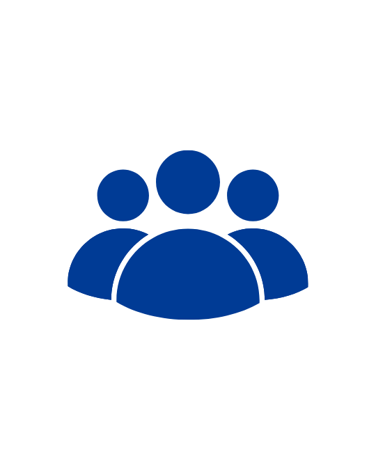 Blue silhouette icon of a group of people, representing tourists, community, or audience.