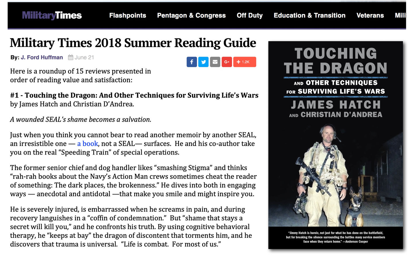 Touching the Dragon Military Times top pick